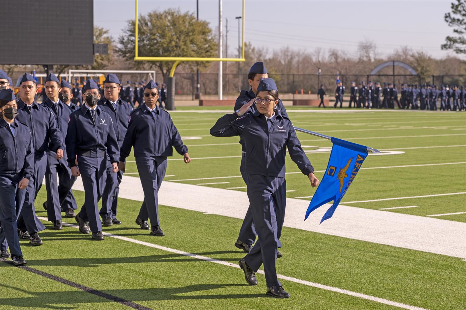 Cadets in the Cypress Springs High School AFJROTC Unit TX-20016 march in unison in front of the many guests and dignitaries.